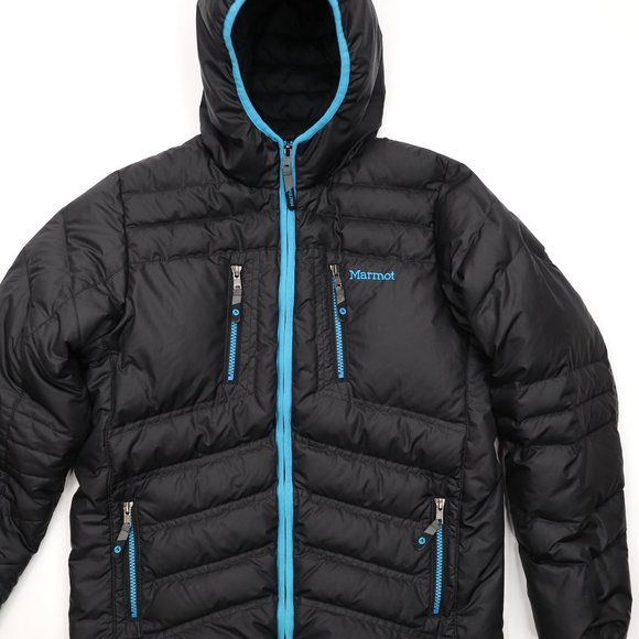 Marmot Stockholm Down Puffer Jacket Hoodie Fill Power 700 - Size XL - Black/Blue - Picture 2 of 8
